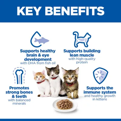 Key Benefits: Supports healthy brain and eye development, muscle growth, strong bones and teeth, as well as the immune system and growth in kittens. Contains DHA from fish oil and high-quality proteins. Key Benefits: Supports healthy brain and eye development, muscle growth, strong bones and teeth, as well as the immune system and growth in kittens. Contains DHA from fish oil and high-quality proteins.