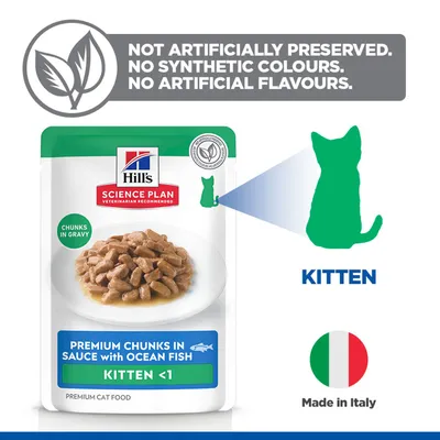 Hill's Science Plan Premium Chunks in Gravy with Ocean Fish Kitten <1. Not artificially preserved, no synthetic colourings, no artificial flavours. Made in Italy. Hill's Science Plan Premium Chunks in Gravy with Ocean Fish Kitten <1. Not artificially preserved, no synthetic colourings, no artificial flavours. Made in Italy.