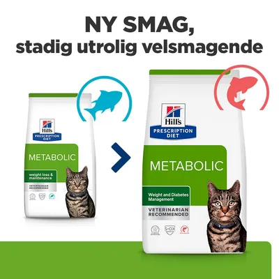 Hill's Prescription Diet Metabolic kattefoder, nyt emballagedesign med henvisning til ny smag. Vægt- og diabetesstyring, anbefalet af dyrlæger. Hill's Prescription Diet Metabolic kattefoder, nyt emballagedesign med henvisning til ny smag. Vægt- og diabetesstyring, anbefalet af dyrlæger.