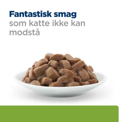 Skål med kødstrimler i sovs. Tekst: Fantastisk smag, som katte ikke kan modstå.