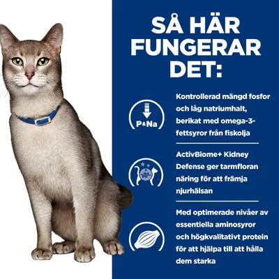 Produktbeskrivning: kontrollerad mängd fosfor, låg natriumhalt, omega-3-fettsyror från fiskolja, ActivBiome+ Kidney Defense för tarmfloran, optimerade aminosyror och protein.