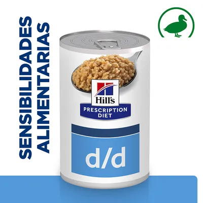 Lata de Hill's Prescription Diet d/d con texto visible: 'SENSIBILIDADES ALIMENTARIAS' y símbolo de pato verde en la esquina superior derecha.