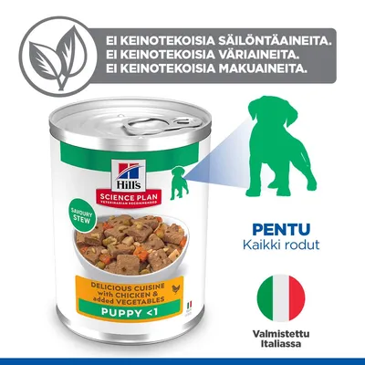Hill's Science Plan Savoury Stew kanaa ja vihanneksia, Puppy <1. Ei keinotekoisia säilöntä-, väri- tai makuaineita. Pennuille. Valmistettu Italiassa.