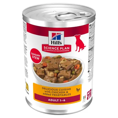 Hill's Science Plan Savoury Stew, herkullinen ateria kanalla ja lisätyillä vihanneksilla, Aikuiset 1–6, Valmistettu Italiassa, tölkki, jossa kuva ruoasta. Hill's Science Plan Savoury Stew, herkullinen ateria kanalla ja lisätyillä vihanneksilla, Aikuiset 1–6, Valmistettu Italiassa, tölkki, jossa kuva ruoasta.