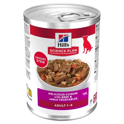 Hill's Science Plan Savoury Stew, Herkullinen ateria naudanlihalla ja lisätyillä vihanneksilla, Aikuisille 1–6, Valmistettu Italiassa, Tölkki jossa muhennos ja vihannesten kuva. Hill's Science Plan Savoury Stew, Herkullinen ateria naudanlihalla ja lisätyillä vihanneksilla, Aikuisille 1–6, Valmistettu Italiassa, Tölkki jossa muhennos ja vihannesten kuva.
