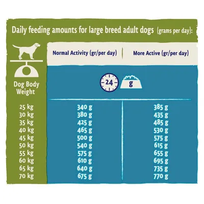 Daily feeding guide for large breed adult dogs by body weight, showing recommended grams per day for normal and more active levels from 25 kg to 70 kg.