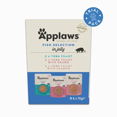 Applaws Fish Selection in Jelly: 2 x Tuna Fillet, 2 x Tuna Fillet with Prawn, 2 x Tuna Fillet with Salmon, 6 x 70g. Trial Pack. Made with natural ingredients. Applaws Fish Selection in Jelly: 2 x Tuna Fillet, 2 x Tuna Fillet with Prawn, 2 x Tuna Fillet with Salmon, 6 x 70g. Trial Pack. Made with natural ingredients.