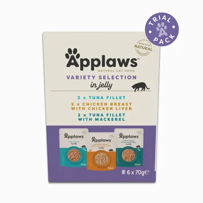 Applaws Natural Cat Food Variety Selection in Jelly: 2x Tuna Fillet, 2x Chicken Breast with chicken liver, 2x Tuna Fillet with mackerel. Trial Pack, 6x 70g. Applaws Natural Cat Food Variety Selection in Jelly: 2x Tuna Fillet, 2x Chicken Breast with chicken liver, 2x Tuna Fillet with mackerel. Trial Pack, 6x 70g.