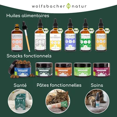 Wolfsbacher Natur assortiment : huile de saumon, huiles bio, snacks fonctionnels comme des friandises pour les articulations et la fourrure, comprimés, pâtes et produits de soin pour animaux. Catégories étiquetées en français. Wolfsbacher Natur assortiment : huile de saumon, huiles bio, snacks fonctionnels comme des friandises pour les articulations et la fourrure, comprimés, pâtes et produits de soin pour animaux. Catégories étiquetées en français.