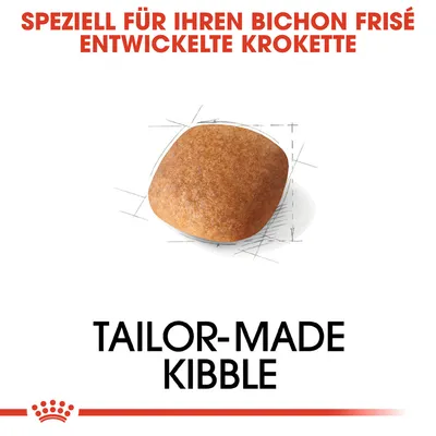 Speziell für Bichon Frisé entwickelte Krokette. Tailor-made Kibble mit angepasster Form und Grösse.