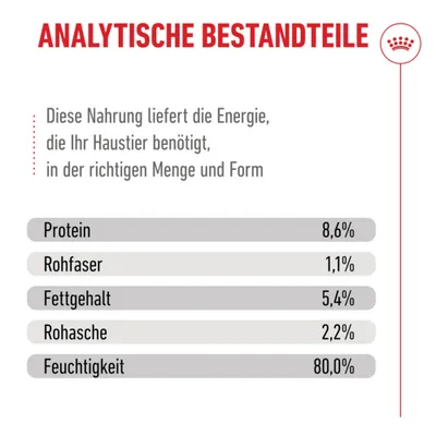 Analytische Bestandteile: Protein 8,6%, Rohfaser 1,1%, Fettgehalt 5,4%, Rohasche 2,2%, Feuchtigkeit 80,0%. Diese Nahrung liefert Energie in richtiger Menge und Form. Analytische Bestandteile: Protein 8,6%, Rohfaser 1,1%, Fettgehalt 5,4%, Rohasche 2,2%, Feuchtigkeit 80,0%. Diese Nahrung liefert Energie in richtiger Menge und Form.