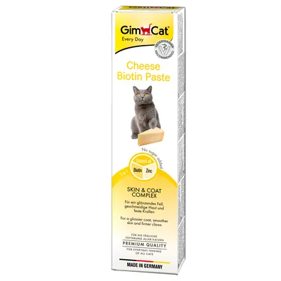 GimCat Cheese Biotin Paste, huile de lin, biotine, zinc, sans sucre ajouté, Skin & Coat Complex, Premium Quality, Made in Germany. Texte en anglais et allemand visible sur l’emballage.