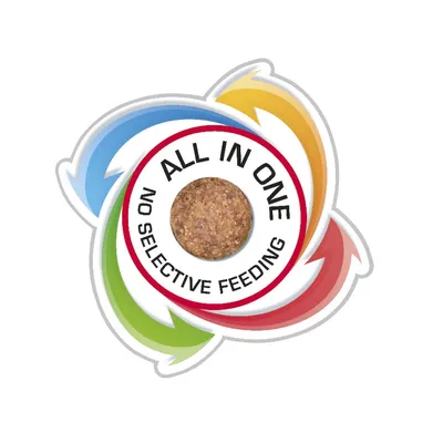 ALL IN ONE, NO SELECTIVE FEEDING. Tekst in het Engels rond een brokje, met gekleurde pijlen eromheen.