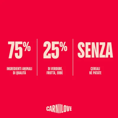 75% componenti di origine animale, 25% verdura, frutta, erbe, senza cereali e patate. Carnilove. 75% componenti di origine animale, 25% verdura, frutta, erbe, senza cereali e patate. Carnilove.
