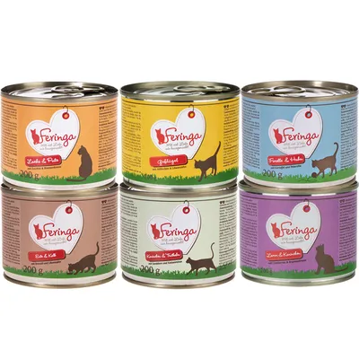 Feringa macskaeledel, 6 féle: lazac és pulyka, baromfi, pisztráng és csirke, kacsa és borjú, nyúl és pulyka, bárány és burgonya, 200 g konzerv.