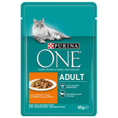 Purina ONE Adult, 85 g. Trozos en salsa con pollo y judías verdes. Sin colorantes, conservantes ni aromas artificiales. Refuerza defensas naturales y vías urinarias sanas.