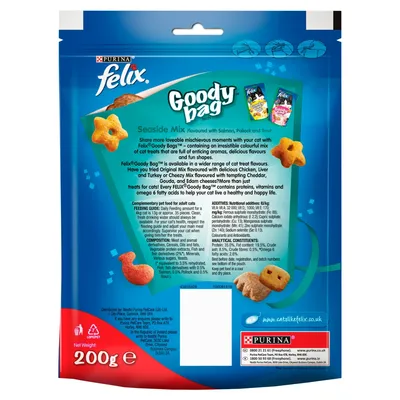 Felix Goody Bag Seaside Mix treats with feeding guide, ingredients, analytical constituents, and nutritional additives listed on the back of a 200g pack. Flavours: salmon, pollack, trout.