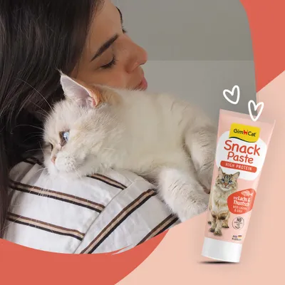 GimCat Snack Paste High Protein mit Lachs & Thunfisch, Tube mit Katzenabbildung und Text: Made in Germany, ohne Zuckerzusatz.