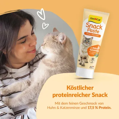 GimCat Snack Paste High Protein mit Huhn und Katzenminze, 17,5% Protein. Köstlicher proteinreicher Snack. Mit feinem Geschmack von Huhn und Katzenminze.