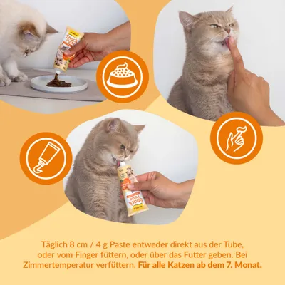 Anleitung: Täglich 8 cm/4 g Paste direkt aus der Tube, vom Finger oder über das Futter geben. Bei Zimmertemperatur verfüttern. Für alle Katzen ab dem 7. Monat.