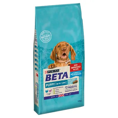 Bag labelled Beta Puppy up to 1 year, new improved recipe, turkey is number one ingredient, with natural prebiotic for digestive health, no added artificial colours or preservatives, 14kg.