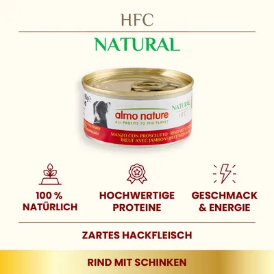 Almo Nature HFC Natural Rind mit Schinken, 95g Dose. 100% natürlich, hochwertige Proteine, Geschmack & Energie. Zartes Hackfleisch.