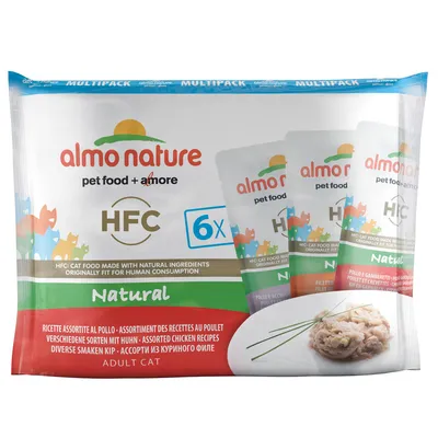 almo nature HFC Natural cat food multipack, 6x assorted chicken recipes, adult cat, visible text: 'HFC: cat food made with natural ingredients originally fit for human consumption'