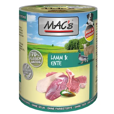 MAC's Lamm & Ente våtfoderburk, 70 % köttandel, spannmålsfri, Made in Germany. Bild på lammkött och ankkött samt text: Ohne Soja, Ohne Farbstoffe, Ohne Tier- und Knochenmehl.