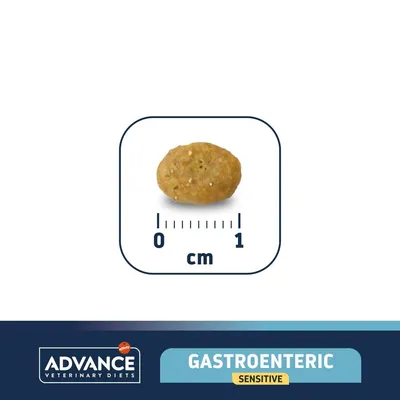Гранула Advance Veterinary Diets Gastroenteric Sensitive с размер около 1 см, показана до скала в сантиметри. Видими са имената на марката и продукта.