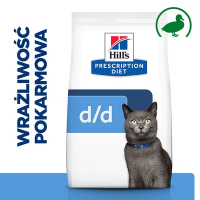 Hill's Prescription Diet d/d dla kotów, napis: WRAŻLIWOŚĆ POKARMOWA, grafika kaczki, opakowanie z kotem na froncie Hill's Prescription Diet d/d dla kotów, napis: WRAŻLIWOŚĆ POKARMOWA, grafika kaczki, opakowanie z kotem na froncie