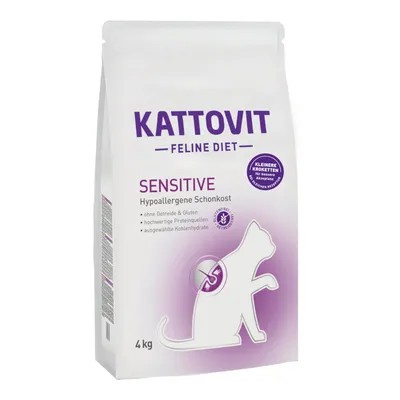 Kattovit Feline Diet Sensitive, hypoallergene Schonkost, ohne Getreide & Gluten, hochwertige Proteinquellen, ausgewählte Kohlenhydrate, kleinere Kroketten für bessere Akzeptanz, 4 kg.