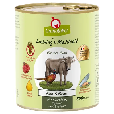 GranataPet Liebling's Mahlzeit dla psa, wołowina i bażant z marchewką, szpinakiem i olejem z ostu. Bez zbóż, pestek granatu, małży zielonowargowych. Wyprodukowano w Niemczech. 800g netto.