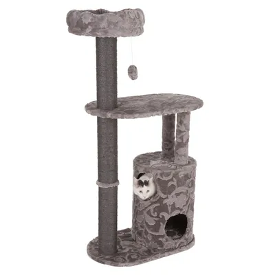 Arbre à chat gris avec griffoir, deux plateformes, une niche cylindrique et un jouet suspendu ; un chaton blanc et noir visible dans la niche. Revêtement en tissu.