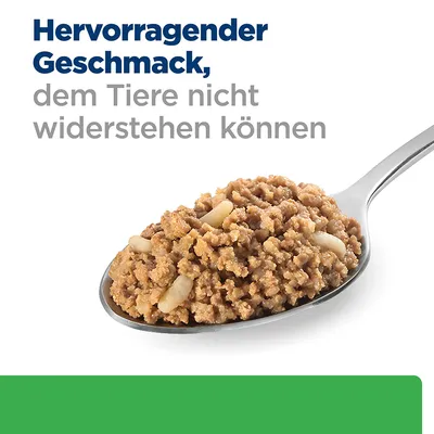 Hervorragender Geschmack, dem Tiere nicht widerstehen können. Abgebildet: Löffel mit fleischähnlicher Nahrung.