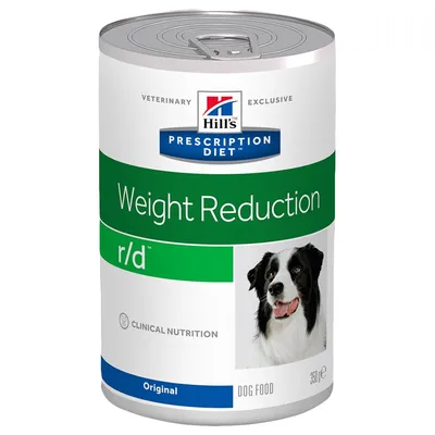 Scatola Hill's Prescription Diet Weight Reduction r/d, Clinical Nutrition, Original Dog Food, 350 g, con foto di cane in etichetta. Testo in inglese visibile sull'imballaggio.