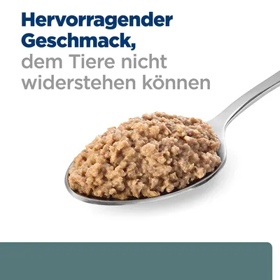 Hervorragender Geschmack, dem Tiere nicht widerstehen können. Abgebildet ist ein Löffel mit Nassfutter.