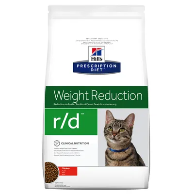 Hill's Prescription Diet r/d Weight Reduction für Katzen, klinische Ernährung, Geschmacksrichtung Huhn. Unterstützt gesunden Gewichtsverlust in 8 Wochen.
