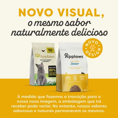 Novo visual, o mesmo sabor naturalmente delicioso. Applaws Senior Cat Chicken 80% Chicken Protein 7,5 kg. Novo design. Embalagem pode variar durante a transição.