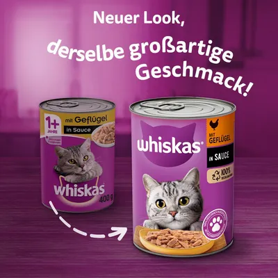 Whiskas kattefoder med fjerkræ i sauce, nyt udseende, samme gode smag. Til katte fra 1 år, 100% afbalanceret opskrift, 400g dåse.