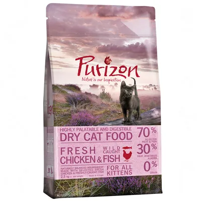 Purizon Dry Cat Food for All Kittens, 2,5 kg. 70 % lihaa ja kalaa, 30 % kasviksia ja yrttejä, 0 % viljaa. Fresh chicken & fish, wild caught. Teksti englanniksi.