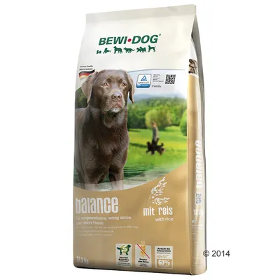 BEWI DOG balance mit reis with rice, torrfoder för hund, 12,5 kg. Synlig text: Für ausgewachsene, wenig aktive oder ältere Hunde. TÜV Rheinland-certifiering syns på förpackningen.
