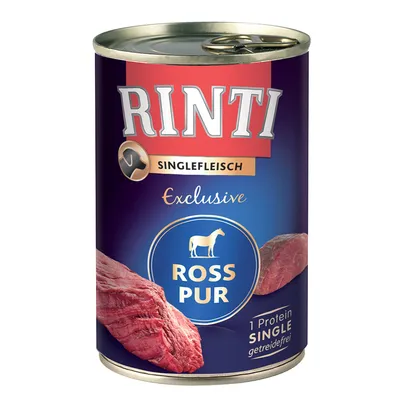 Konzerva Rinti Singlefleisch Exclusive Ross Pur, 1 Protein Single, getreidefrei. Na obalu je vyobrazený kus masa a silueta koně.