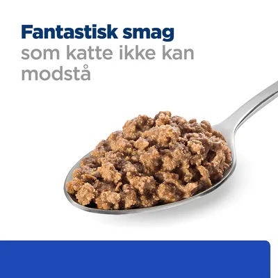 Ske med vådfoder til katte. Tekst: Fantastisk smag som katte ikke kan modstå.