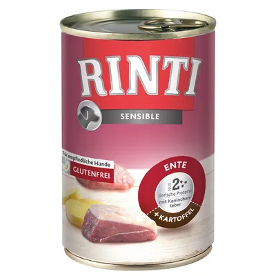 RINTI Sensible våtfoderburk för hund, text: Für empfindliche Hunde, GLUTENFREI, ENTE, nur 2 tierische Proteine mit Kaninchenleber, +Kartoffel. Bild på kött och potatis.