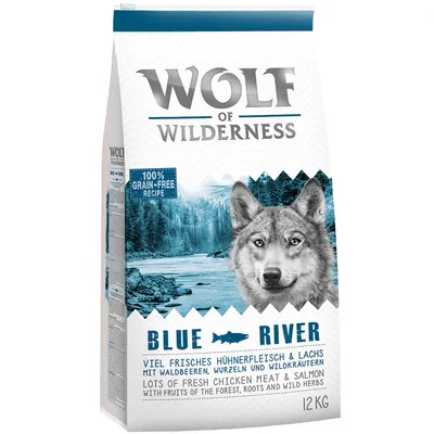 Wolf of Wilderness Blue River, 12 kg. Hodně čerstvého kuřecího masa a lososa s lesními plody, kořeny a bylinkami. 100% bezobilná receptura.