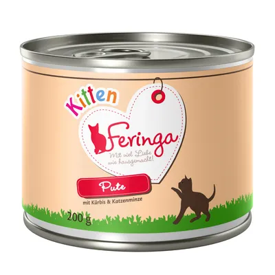 Консерва Feringa Kitten, Pute, 200 г. Видим текст: Mit viel Liebe wie hausgemacht!, mit Kürbis & Katzenminze.