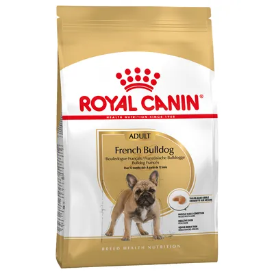 Sac de croquettes Royal Canin Adult French Bulldog, texte visible : Bouledogue Français, à partir de 12 mois, croquette sur mesure, réduction des odeurs, peau saine, masse musculaire.