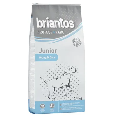Bag of briantos Protect + Care Junior Young & Care dry dog food, 14 kg. Text: For growing dogs with sensitive digestive systems. Free of grain containing gluten.