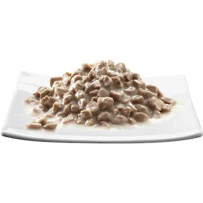 Portie natvoer met stukjes vlees in saus op een wit bord, zonder zichtbare merknaam of verpakking.