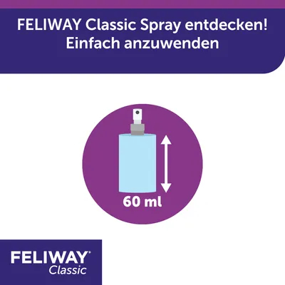 FELIWAY Classic Spray, einfach anzuwenden, 60 ml. Produktabbildung mit Pfeilen zur Größenangabe.